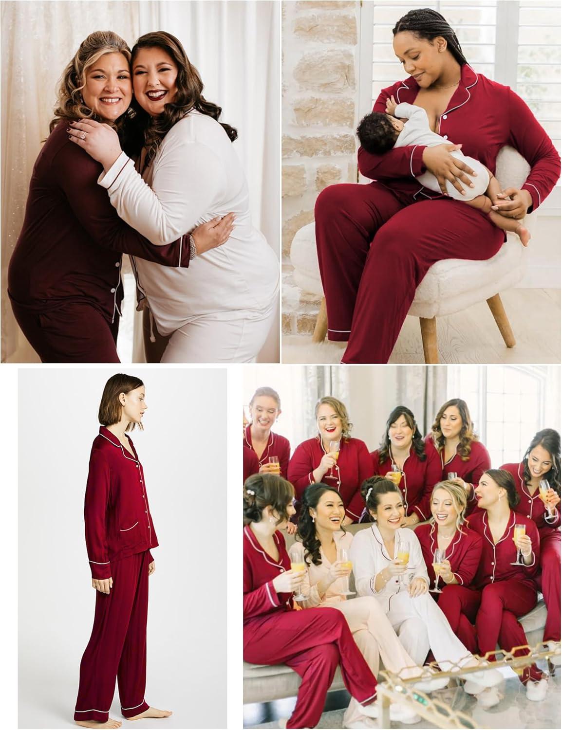 imageSWOMOG Womens Pajama Sets Long Sleeve Button Down Sleepwear Soft Pjs Lounge Sets with Pockets Navy Blue Wide PipingWine Redtwo Pockets