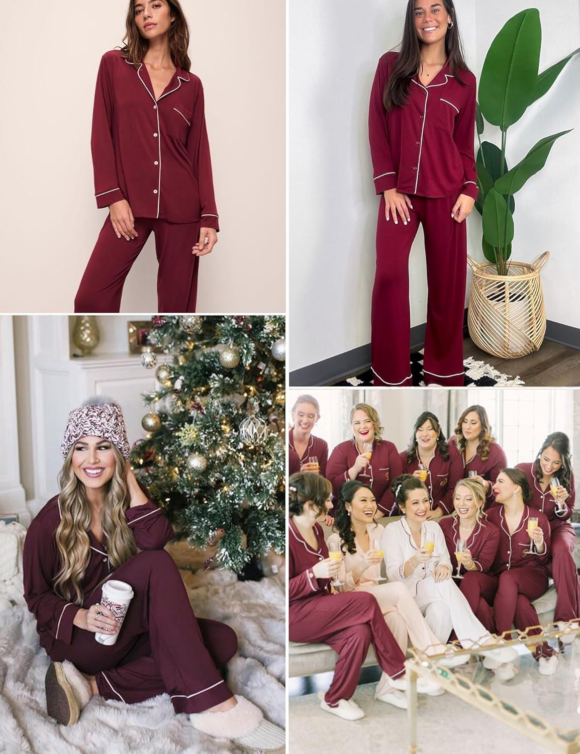 imageSWOMOG Womens Pajama Sets Long Sleeve Button Down Sleepwear Soft Pjs Lounge Sets with Pockets Navy Blue Wide PipingWine Redwide Piping