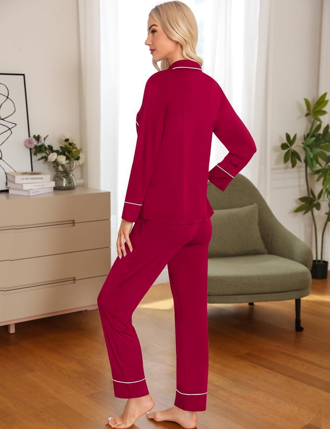 imageSWOMOG Womens Pajama Sets Long Sleeve Button Down Sleepwear Soft Pjs Lounge Sets with Pockets Navy Blue Wide PipingWine Redwide Piping