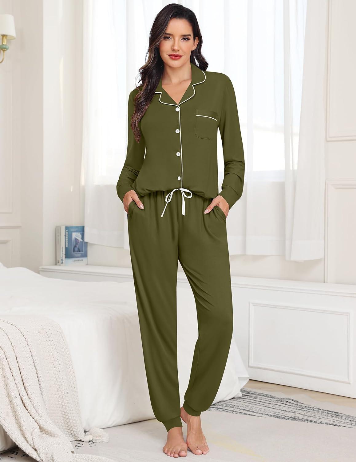 imageSWOMOG Womens Pajamas Set Long Sleeve Sleepwear Button Down Nightwear Soft Joggers PJs Sets with Pockets Lounge SetsArmy Green