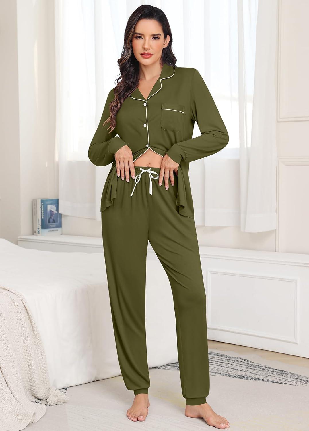 imageSWOMOG Womens Pajamas Set Long Sleeve Sleepwear Button Down Nightwear Soft Joggers PJs Sets with Pockets Lounge SetsArmy Green