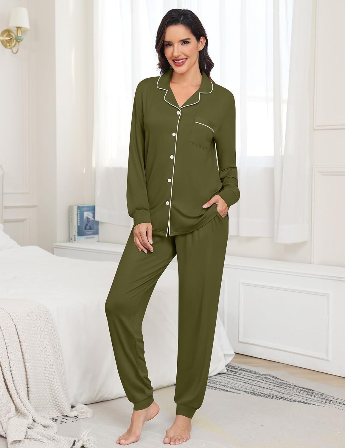 imageSWOMOG Womens Pajamas Set Long Sleeve Sleepwear Button Down Nightwear Soft Joggers PJs Sets with Pockets Lounge SetsArmy Green