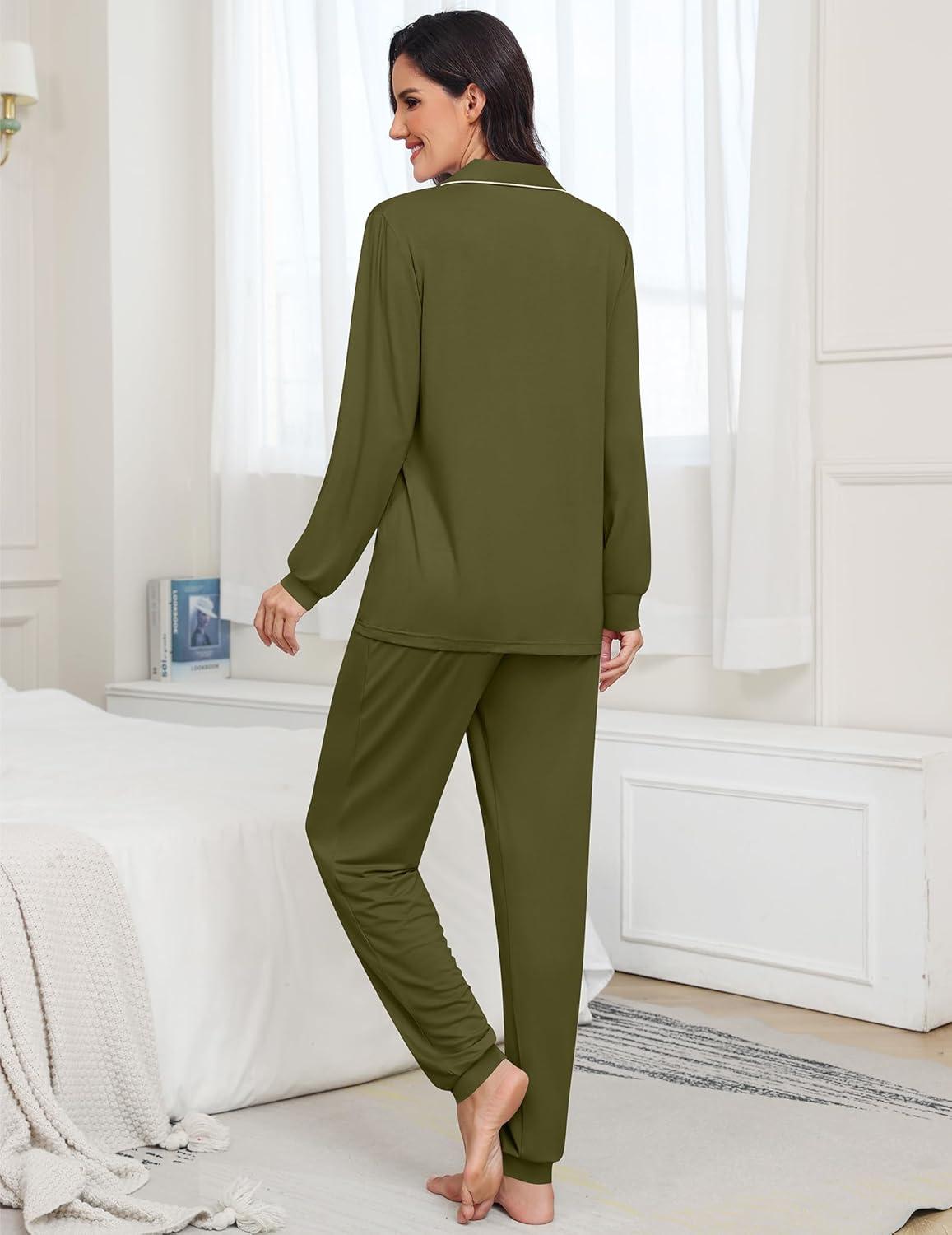 imageSWOMOG Womens Pajamas Set Long Sleeve Sleepwear Button Down Nightwear Soft Joggers PJs Sets with Pockets Lounge SetsArmy Green