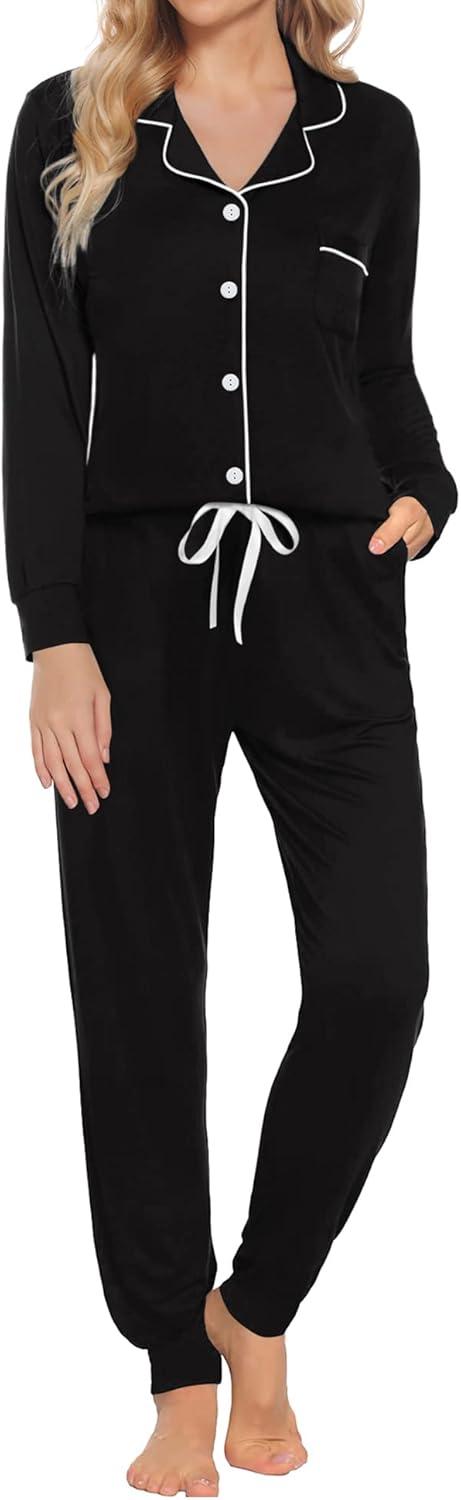 imageSWOMOG Womens Pajamas Set Long Sleeve Sleepwear Button Down Nightwear Soft Joggers PJs Sets with Pockets Lounge SetsBlack