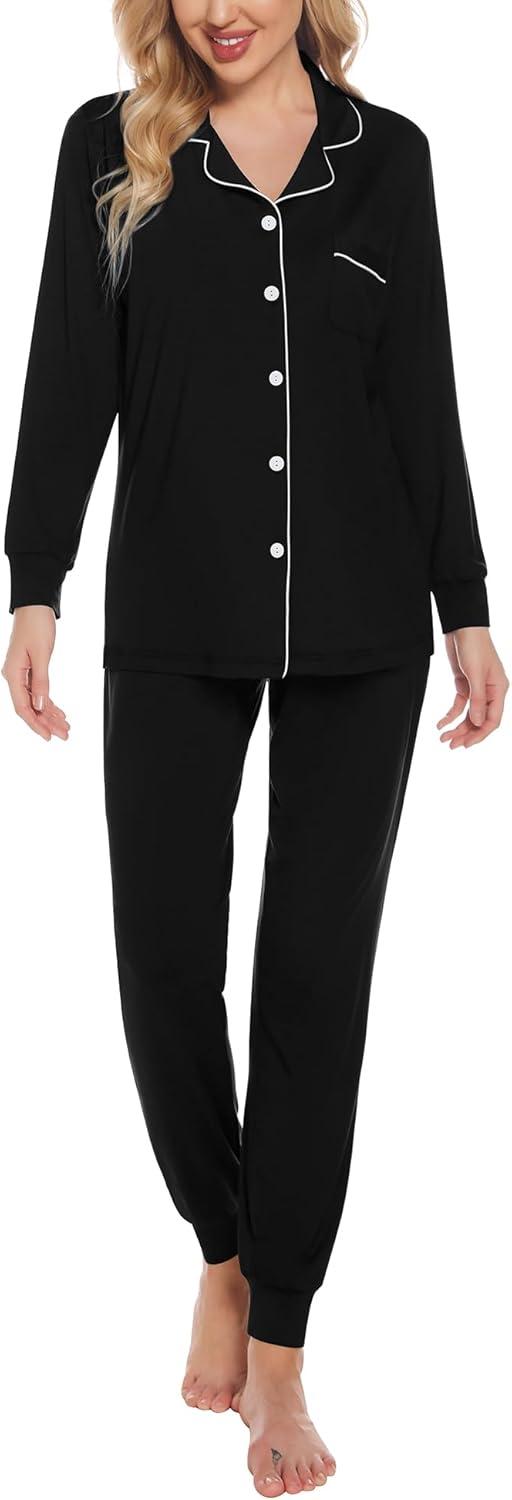 imageSWOMOG Womens Pajamas Set Long Sleeve Sleepwear Button Down Nightwear Soft Joggers PJs Sets with Pockets Lounge SetsBlack