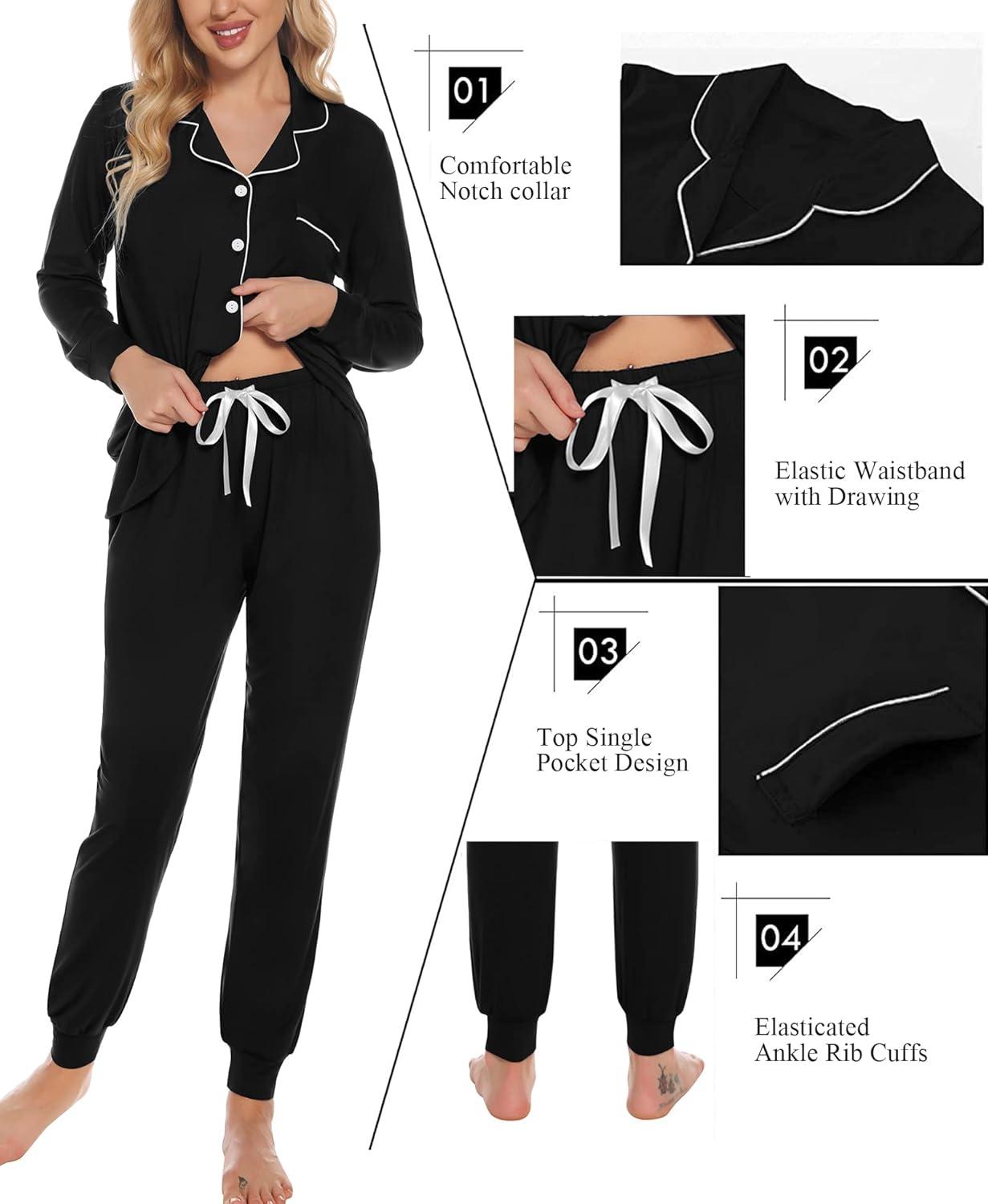 imageSWOMOG Womens Pajamas Set Long Sleeve Sleepwear Button Down Nightwear Soft Joggers PJs Sets with Pockets Lounge SetsBlack