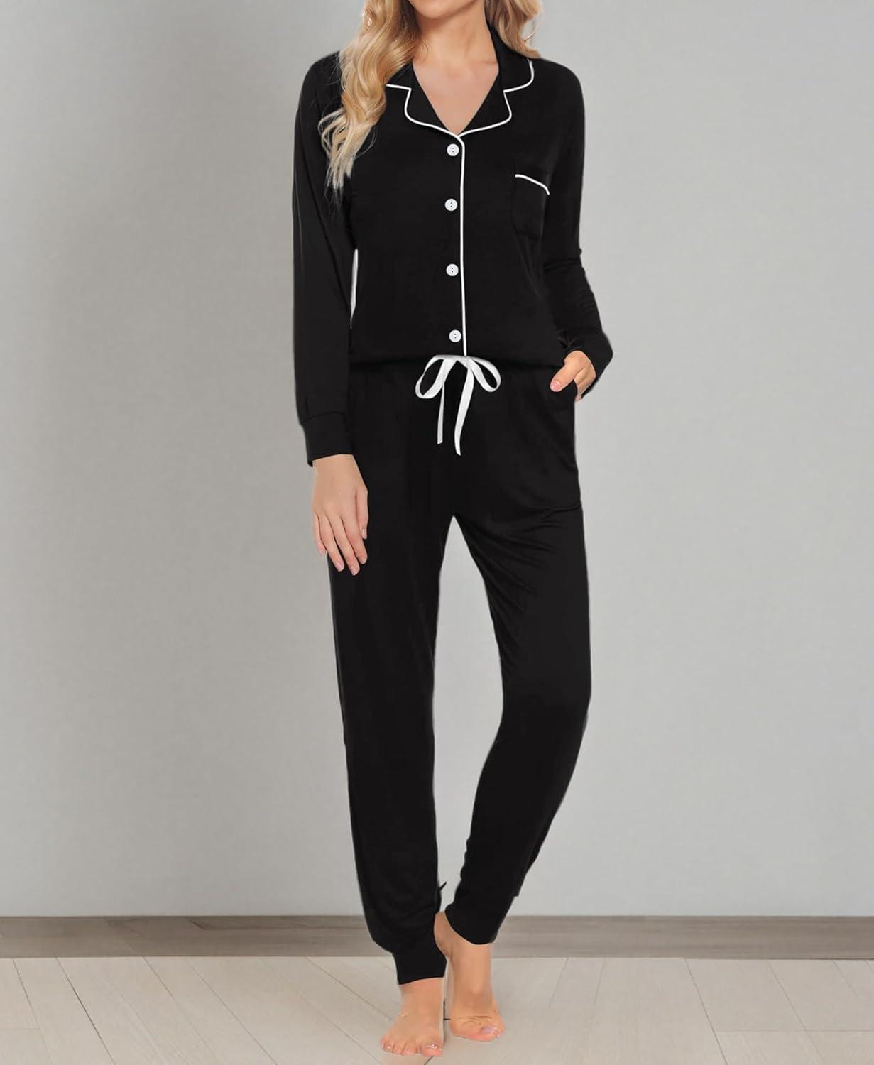 imageSWOMOG Womens Pajamas Set Long Sleeve Sleepwear Button Down Nightwear Soft Joggers PJs Sets with Pockets Lounge SetsBlack