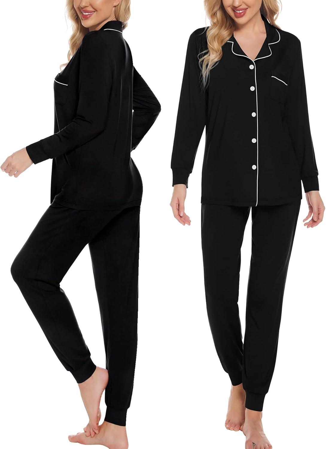 imageSWOMOG Womens Pajamas Set Long Sleeve Sleepwear Button Down Nightwear Soft Joggers PJs Sets with Pockets Lounge SetsBlack