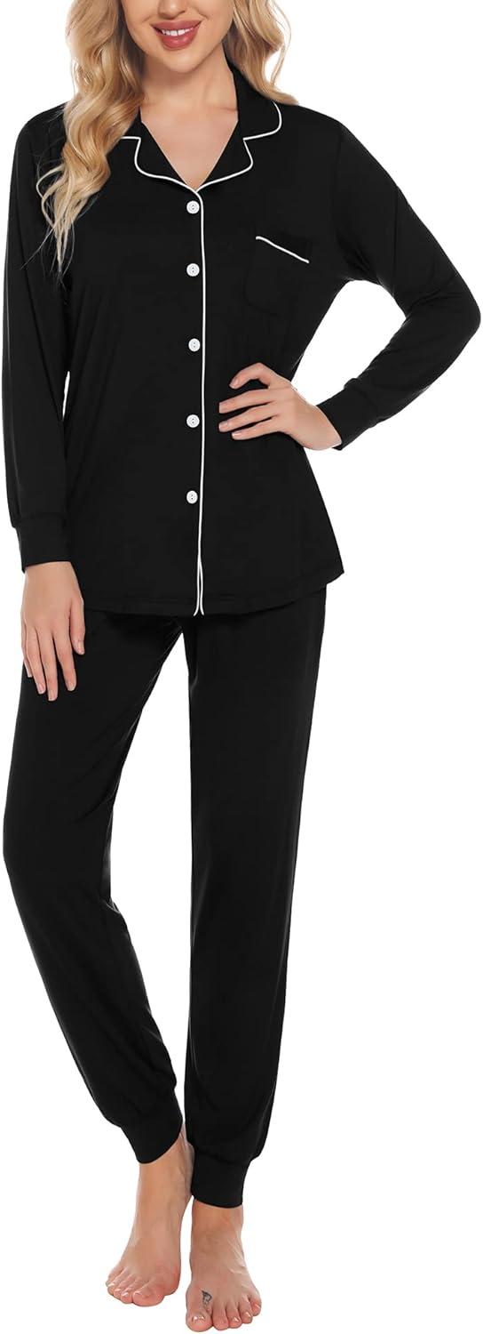imageSWOMOG Womens Pajamas Set Long Sleeve Sleepwear Button Down Nightwear Soft Joggers PJs Sets with Pockets Lounge SetsBlack