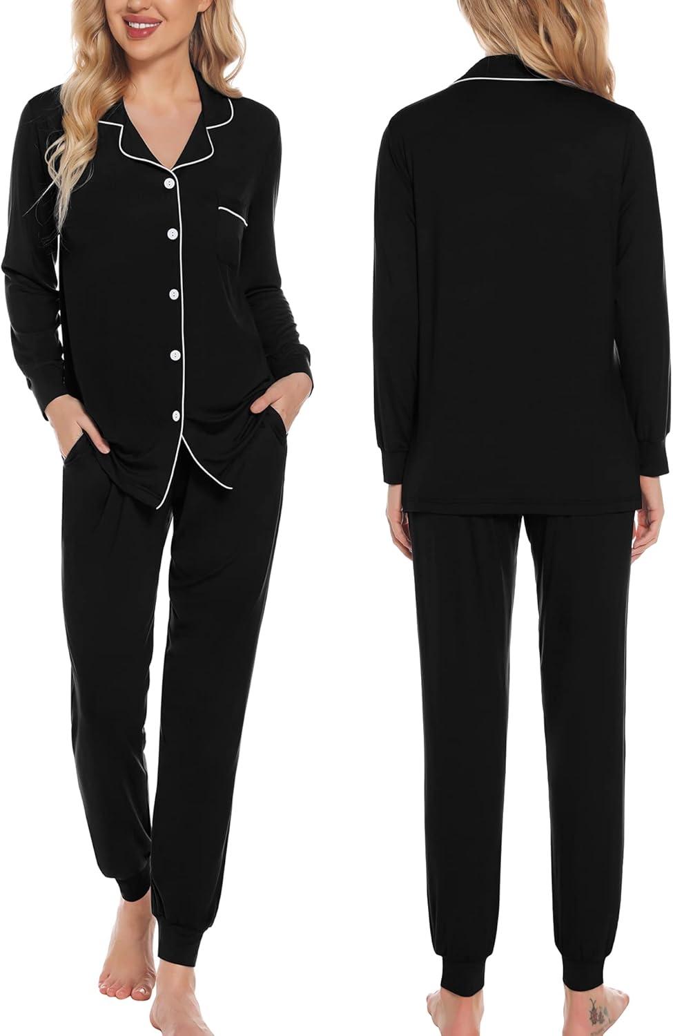 imageSWOMOG Womens Pajamas Set Long Sleeve Sleepwear Button Down Nightwear Soft Joggers PJs Sets with Pockets Lounge SetsBlack