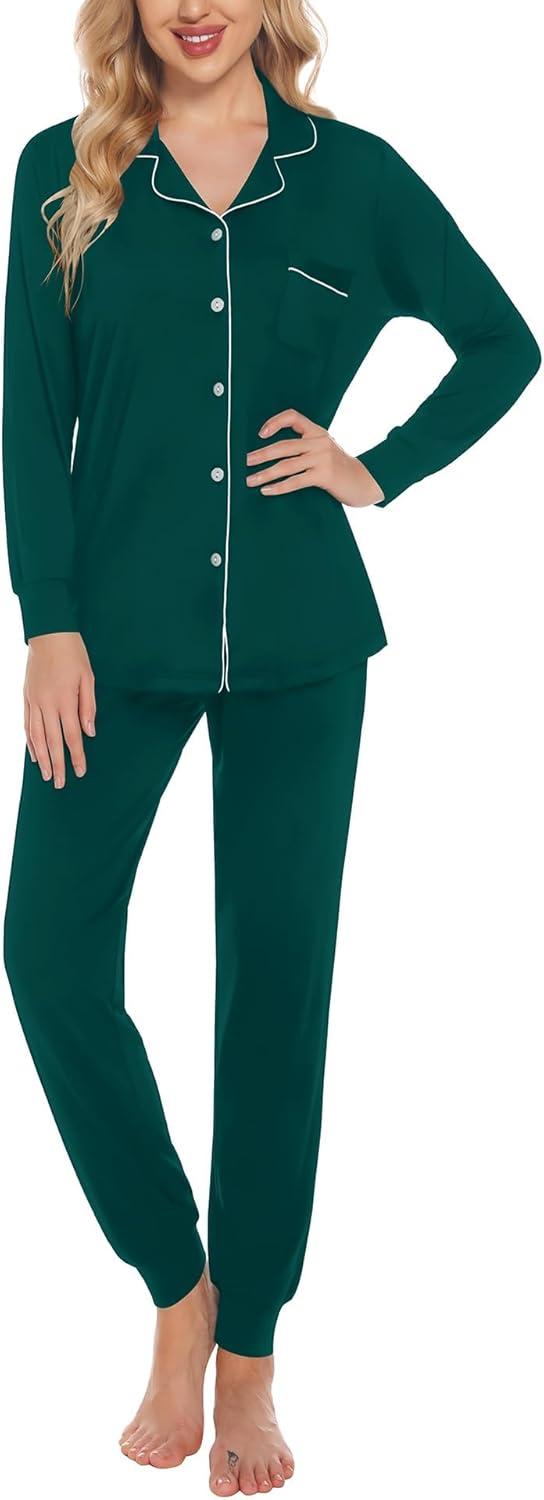 imageSWOMOG Womens Pajamas Set Long Sleeve Sleepwear Button Down Nightwear Soft Joggers PJs Sets with Pockets Lounge SetsDark Green