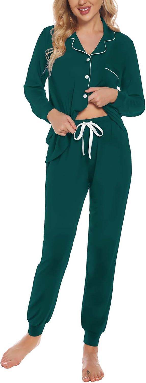 imageSWOMOG Womens Pajamas Set Long Sleeve Sleepwear Button Down Nightwear Soft Joggers PJs Sets with Pockets Lounge SetsDark Green