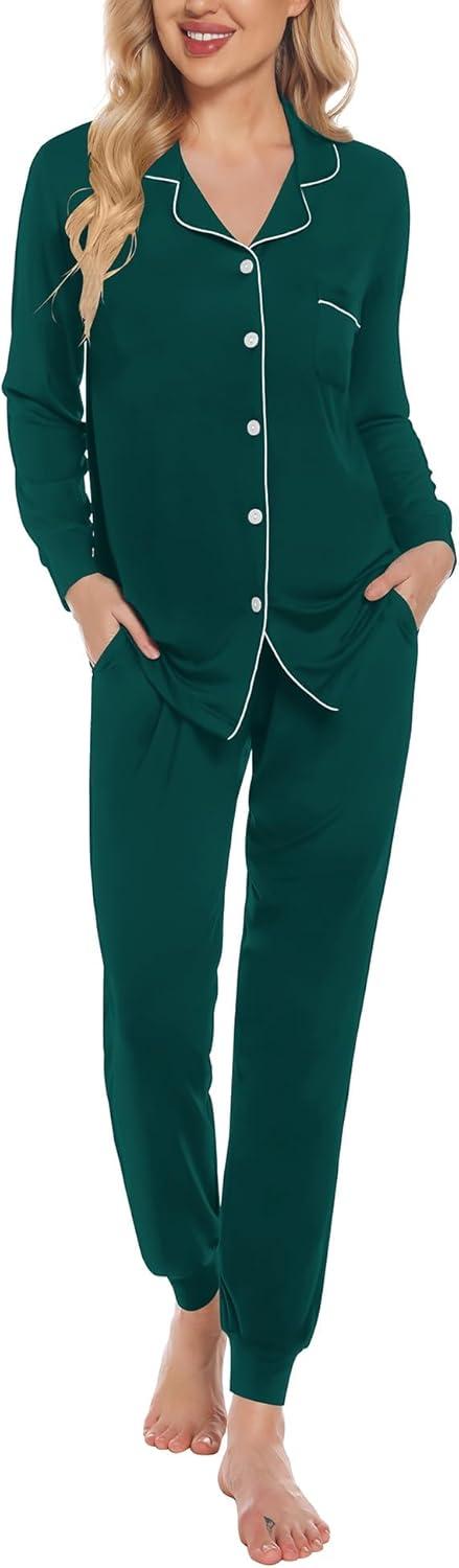 imageSWOMOG Womens Pajamas Set Long Sleeve Sleepwear Button Down Nightwear Soft Joggers PJs Sets with Pockets Lounge SetsDark Green