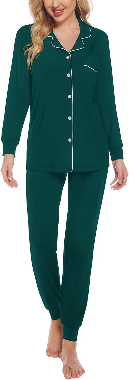 imageSWOMOG Womens Pajamas Set Long Sleeve Sleepwear Button Down Nightwear Soft Joggers PJs Sets with Pockets Lounge SetsDark Green