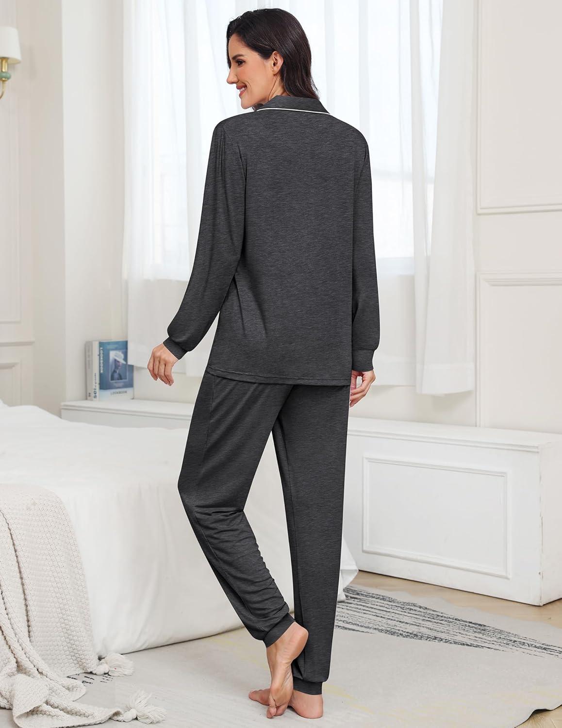 imageSWOMOG Womens Pajamas Set Long Sleeve Sleepwear Button Down Nightwear Soft Joggers PJs Sets with Pockets Lounge SetsDeep Grey