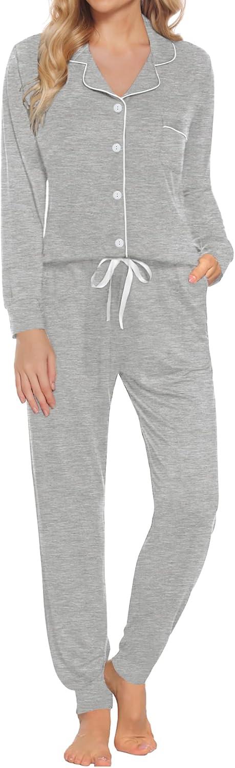 imageSWOMOG Womens Pajamas Set Long Sleeve Sleepwear Button Down Nightwear Soft Joggers PJs Sets with Pockets Lounge SetsGrey