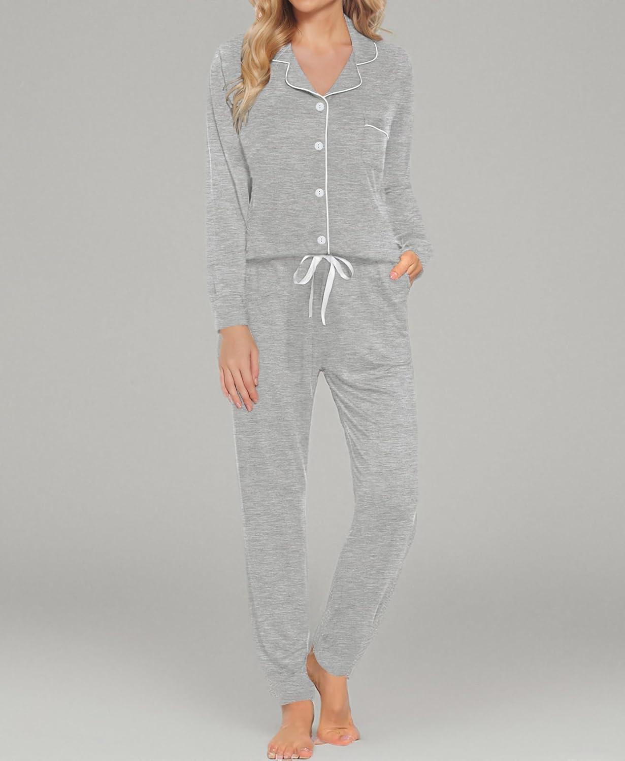 imageSWOMOG Womens Pajamas Set Long Sleeve Sleepwear Button Down Nightwear Soft Joggers PJs Sets with Pockets Lounge SetsGrey