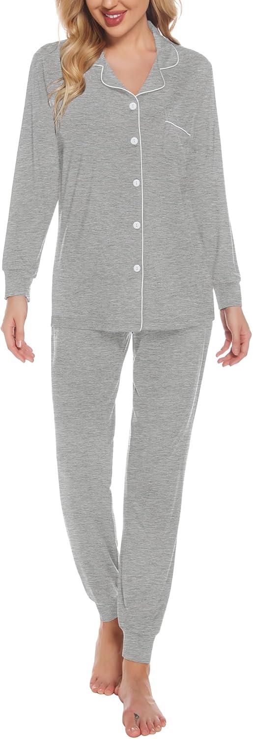 imageSWOMOG Womens Pajamas Set Long Sleeve Sleepwear Button Down Nightwear Soft Joggers PJs Sets with Pockets Lounge SetsGrey
