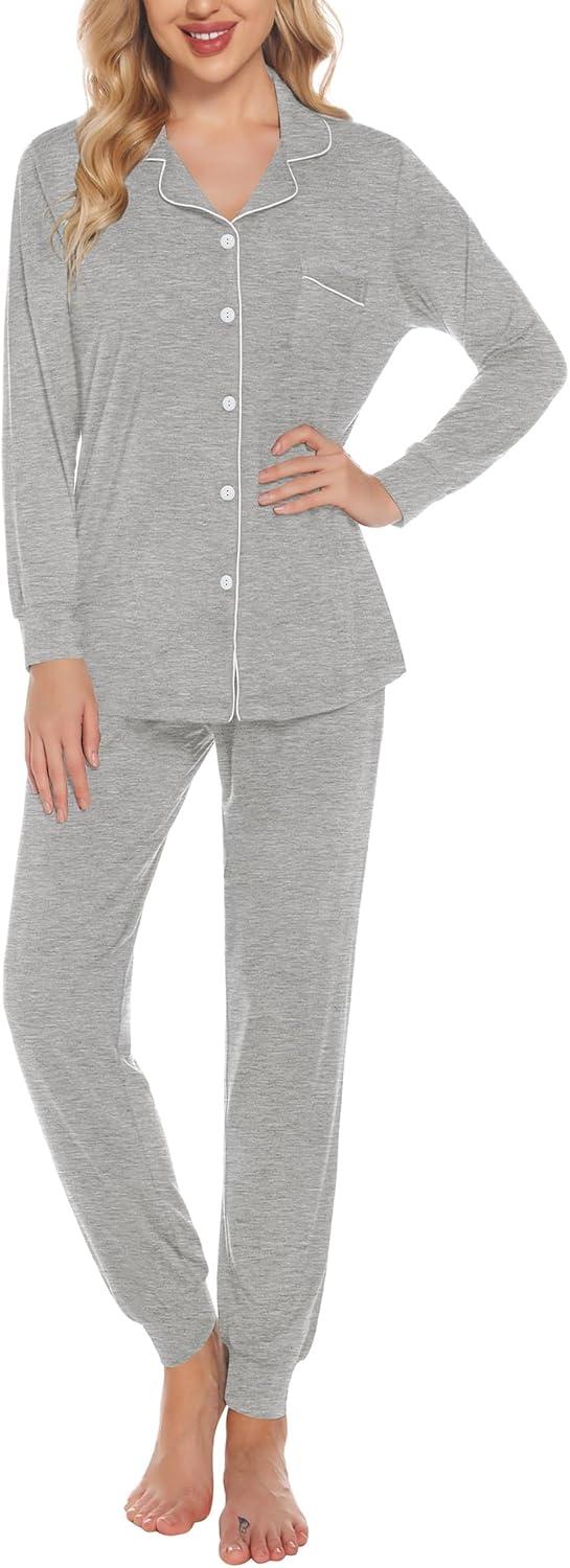 imageSWOMOG Womens Pajamas Set Long Sleeve Sleepwear Button Down Nightwear Soft Joggers PJs Sets with Pockets Lounge SetsGrey