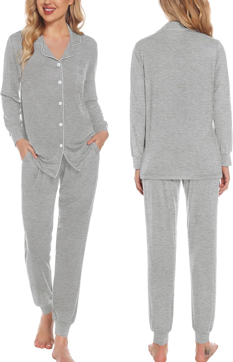 imageSWOMOG Womens Pajamas Set Long Sleeve Sleepwear Button Down Nightwear Soft Joggers PJs Sets with Pockets Lounge SetsGrey