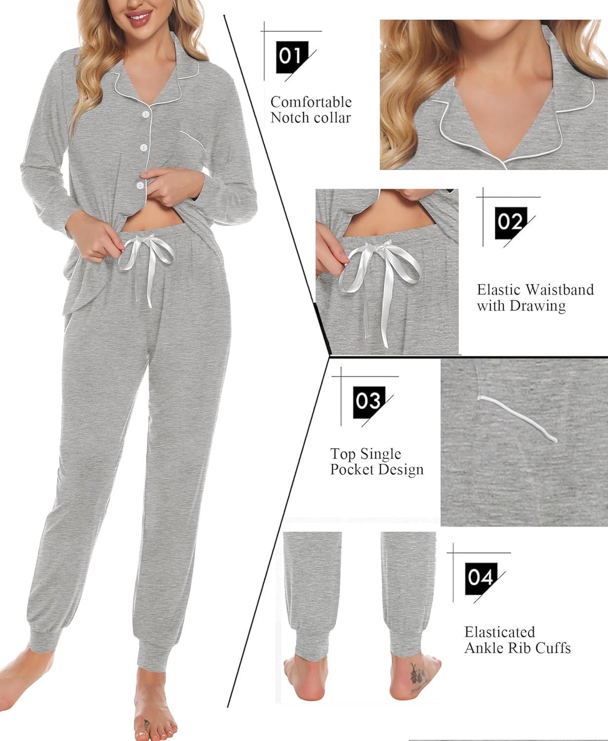 imageSWOMOG Womens Pajamas Set Long Sleeve Sleepwear Button Down Nightwear Soft Joggers PJs Sets with Pockets Lounge SetsGrey