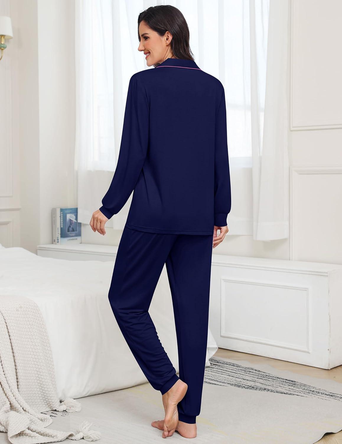 imageSWOMOG Womens Pajamas Set Long Sleeve Sleepwear Button Down Nightwear Soft Joggers PJs Sets with Pockets Lounge SetsNavy Blue