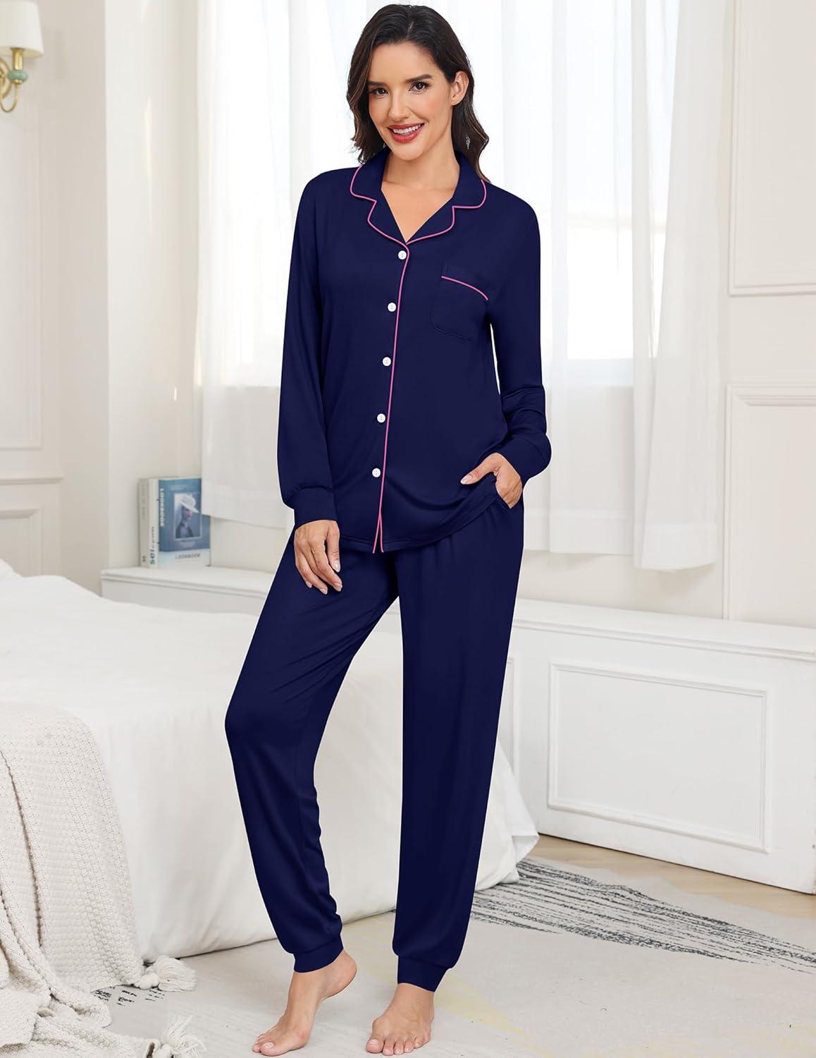 imageSWOMOG Womens Pajamas Set Long Sleeve Sleepwear Button Down Nightwear Soft Joggers PJs Sets with Pockets Lounge SetsNavy Blue