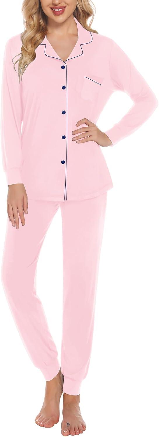 imageSWOMOG Womens Pajamas Set Long Sleeve Sleepwear Button Down Nightwear Soft Joggers PJs Sets with Pockets Lounge SetsPink