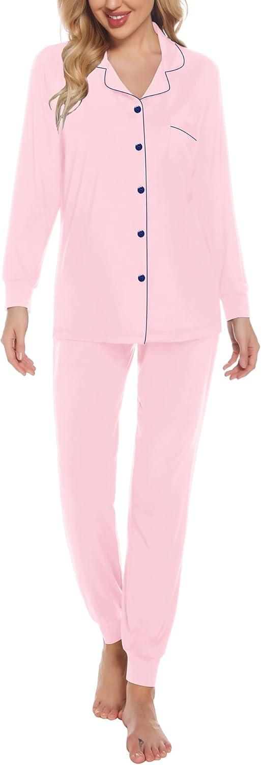 imageSWOMOG Womens Pajamas Set Long Sleeve Sleepwear Button Down Nightwear Soft Joggers PJs Sets with Pockets Lounge SetsPink