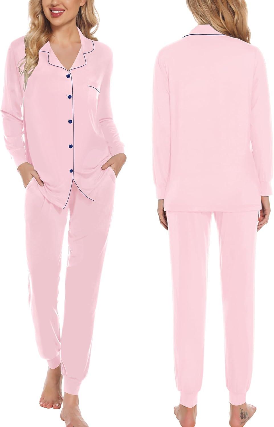 imageSWOMOG Womens Pajamas Set Long Sleeve Sleepwear Button Down Nightwear Soft Joggers PJs Sets with Pockets Lounge SetsPink