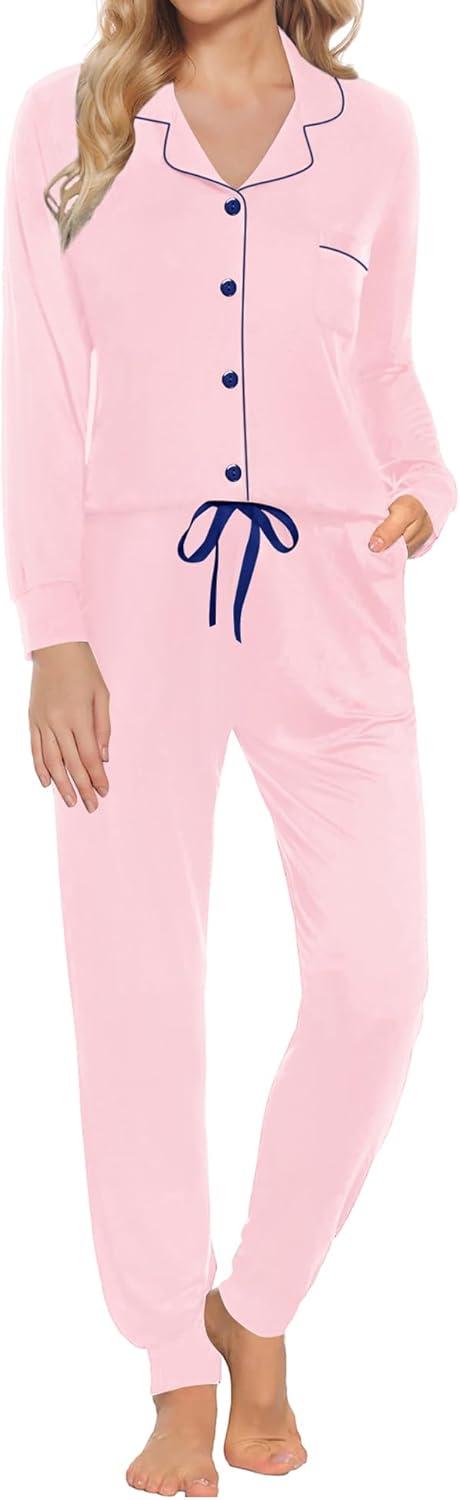 imageSWOMOG Womens Pajamas Set Long Sleeve Sleepwear Button Down Nightwear Soft Joggers PJs Sets with Pockets Lounge SetsPink