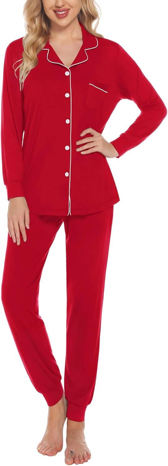 imageSWOMOG Womens Pajamas Set Long Sleeve Sleepwear Button Down Nightwear Soft Joggers PJs Sets with Pockets Lounge SetsRed