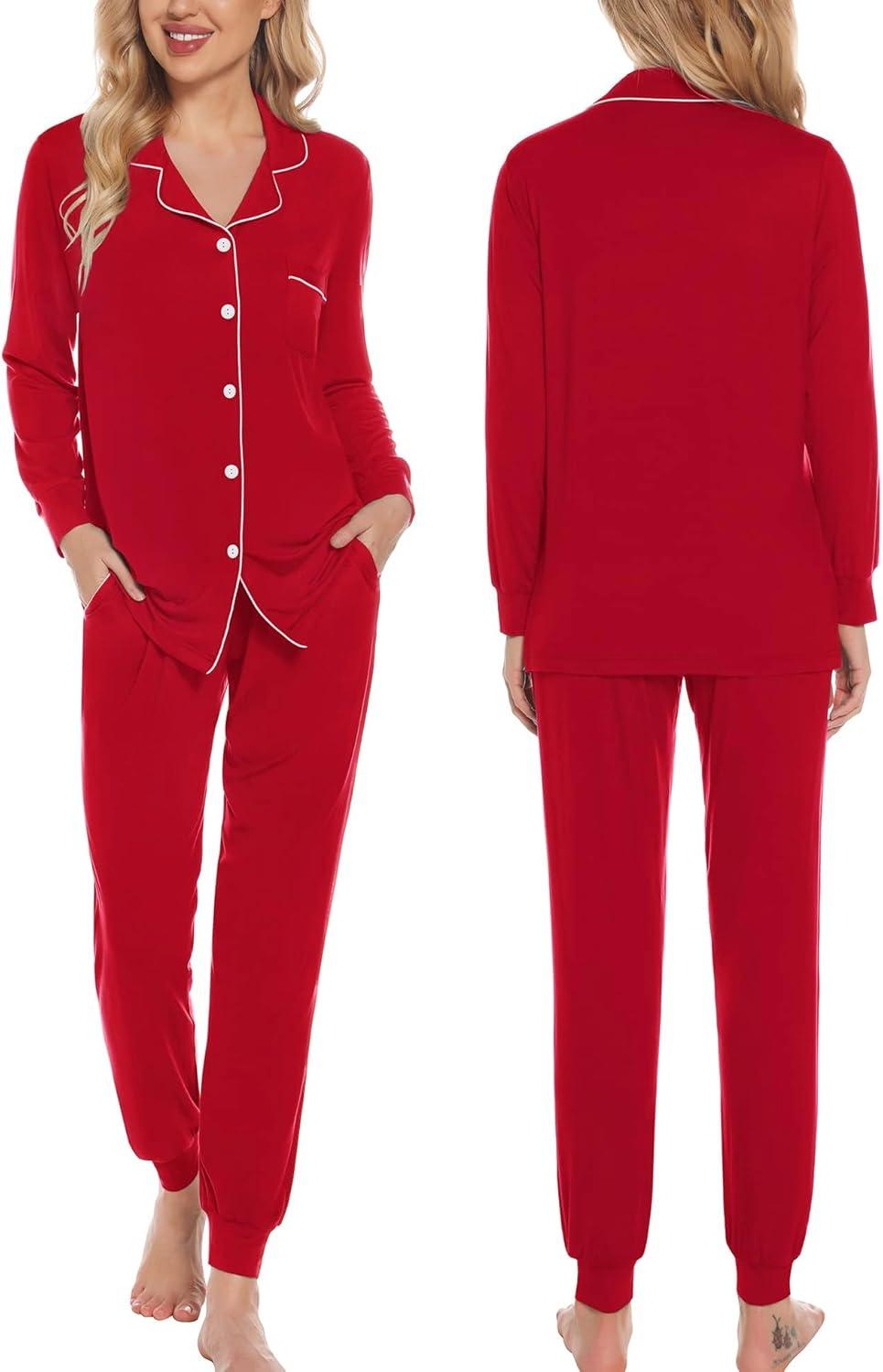imageSWOMOG Womens Pajamas Set Long Sleeve Sleepwear Button Down Nightwear Soft Joggers PJs Sets with Pockets Lounge SetsRed