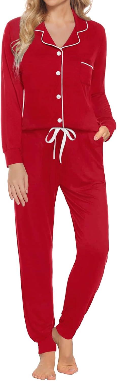 imageSWOMOG Womens Pajamas Set Long Sleeve Sleepwear Button Down Nightwear Soft Joggers PJs Sets with Pockets Lounge SetsRed