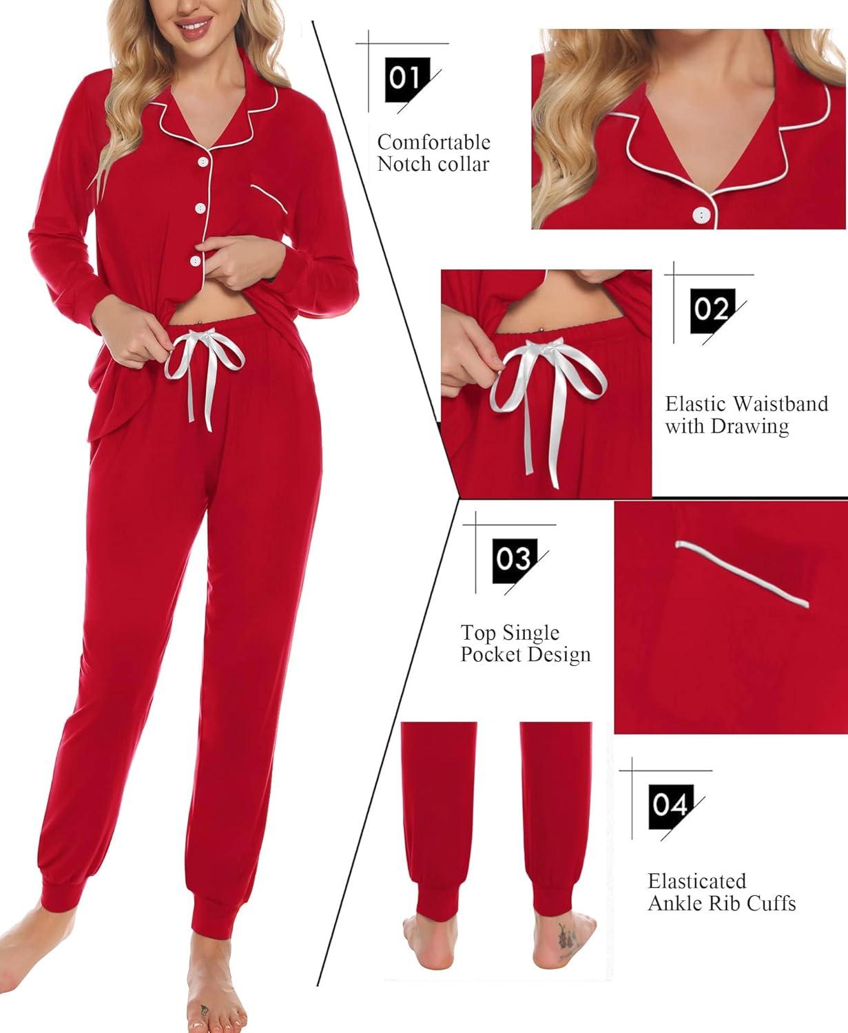 imageSWOMOG Womens Pajamas Set Long Sleeve Sleepwear Button Down Nightwear Soft Joggers PJs Sets with Pockets Lounge SetsRed