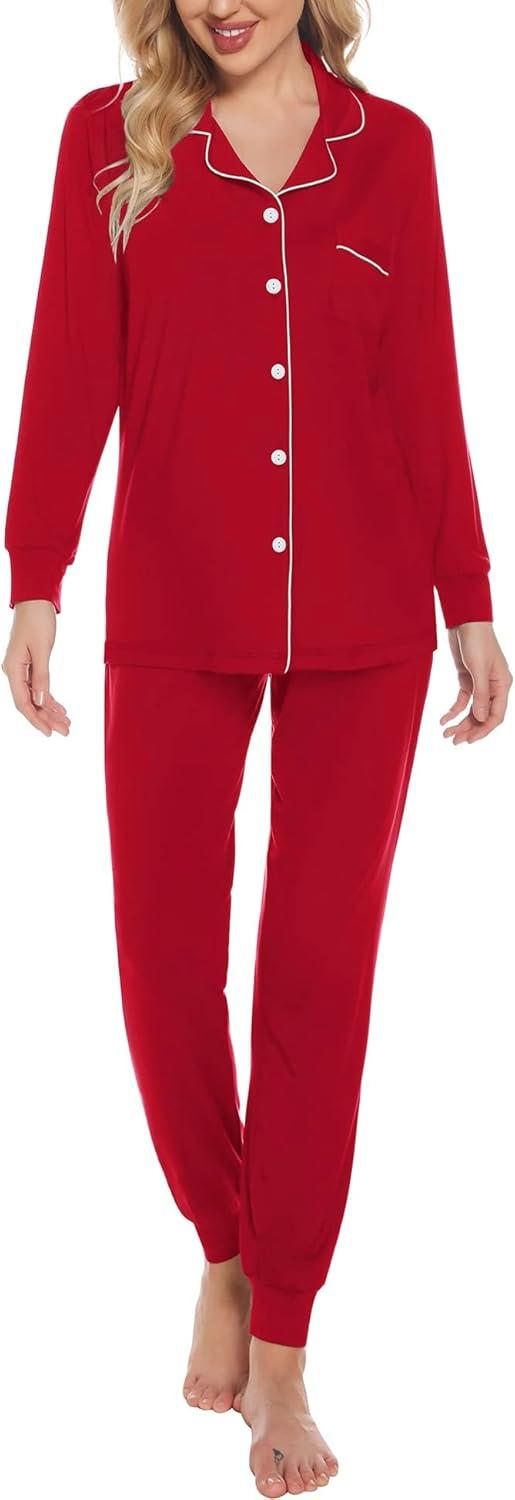 imageSWOMOG Womens Pajamas Set Long Sleeve Sleepwear Button Down Nightwear Soft Joggers PJs Sets with Pockets Lounge SetsRed