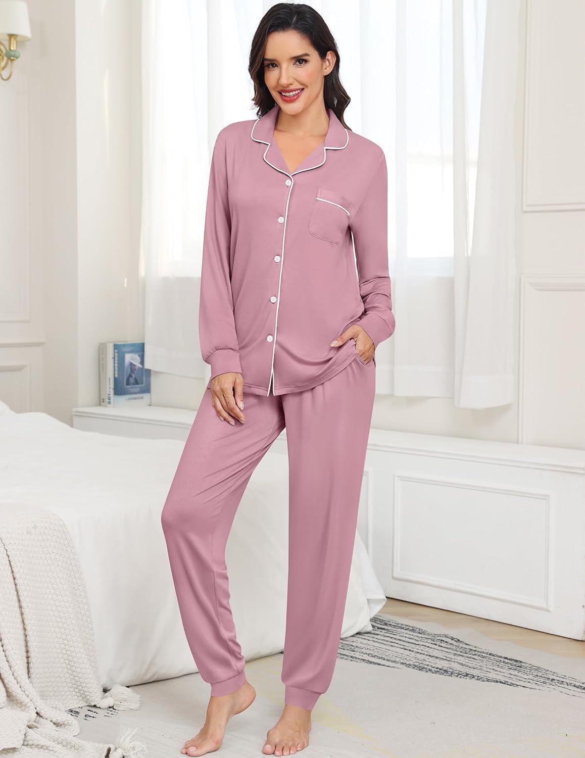 imageSWOMOG Womens Pajamas Set Long Sleeve Sleepwear Button Down Nightwear Soft Joggers PJs Sets with Pockets Lounge SetsTaro Purple