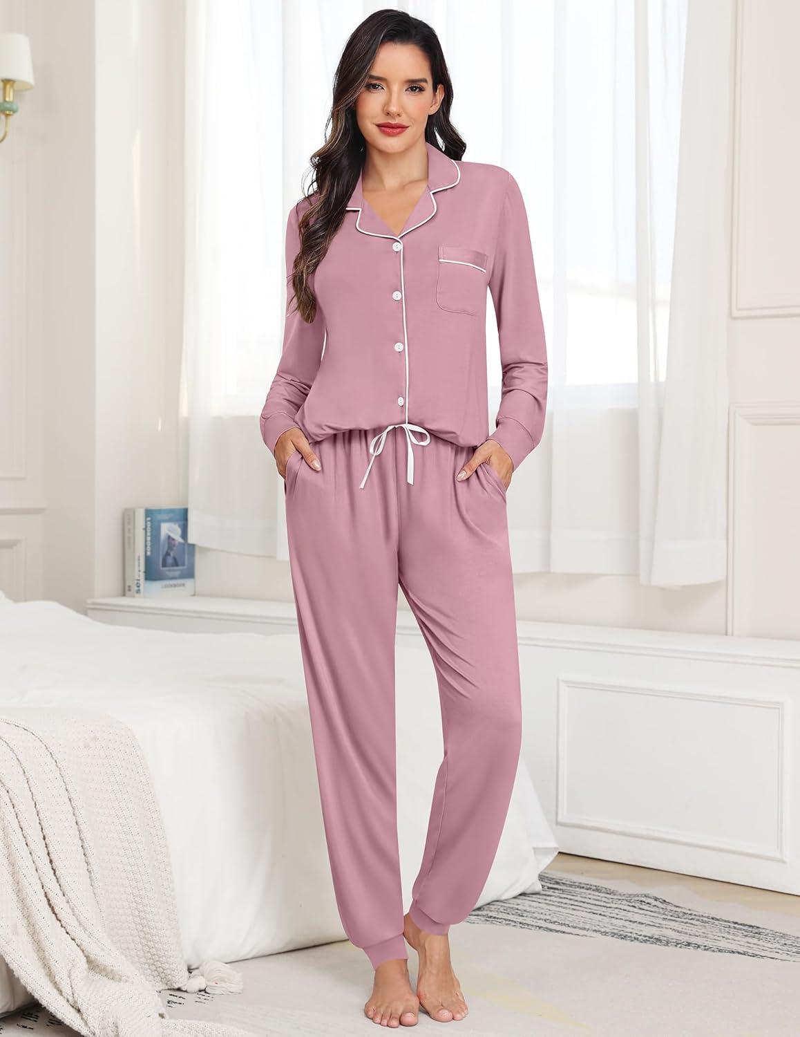 imageSWOMOG Womens Pajamas Set Long Sleeve Sleepwear Button Down Nightwear Soft Joggers PJs Sets with Pockets Lounge SetsTaro Purple