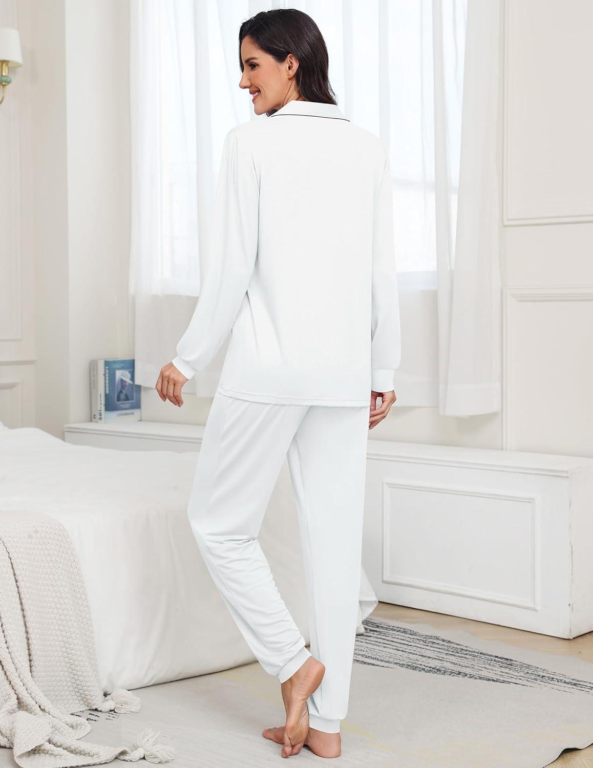 imageSWOMOG Womens Pajamas Set Long Sleeve Sleepwear Button Down Nightwear Soft Joggers PJs Sets with Pockets Lounge SetsWhite