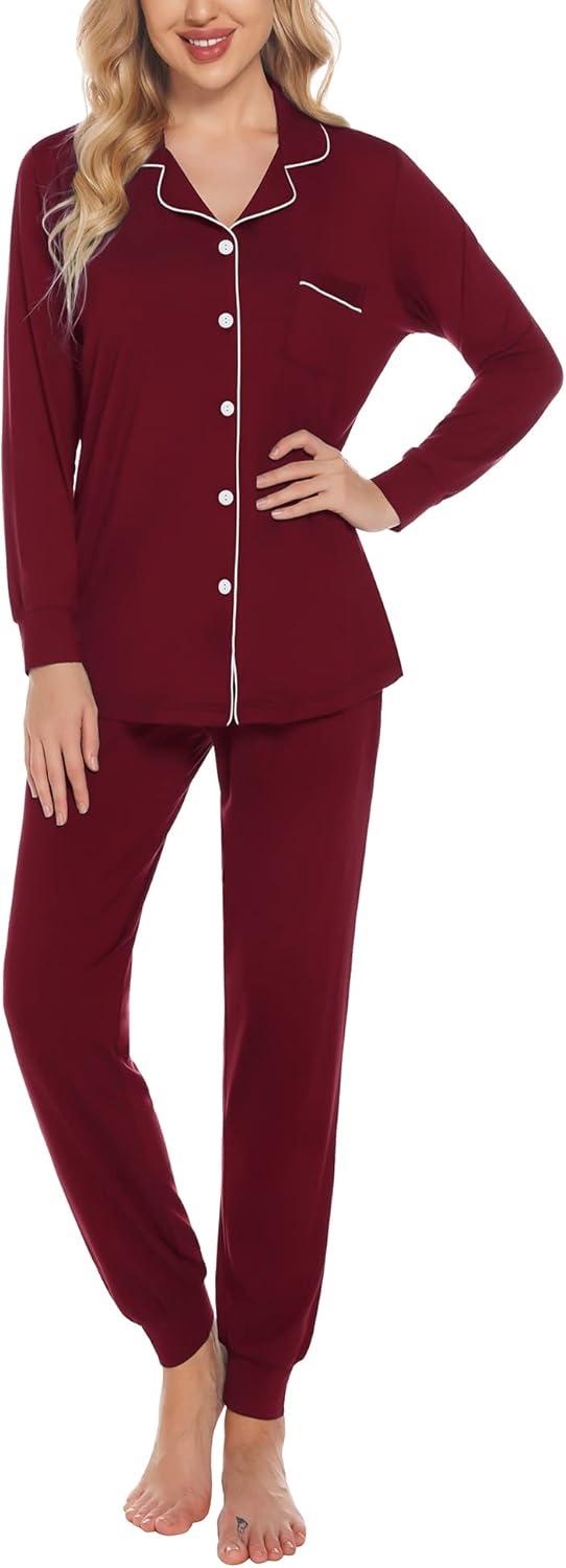 imageSWOMOG Womens Pajamas Set Long Sleeve Sleepwear Button Down Nightwear Soft Joggers PJs Sets with Pockets Lounge SetsWine Red
