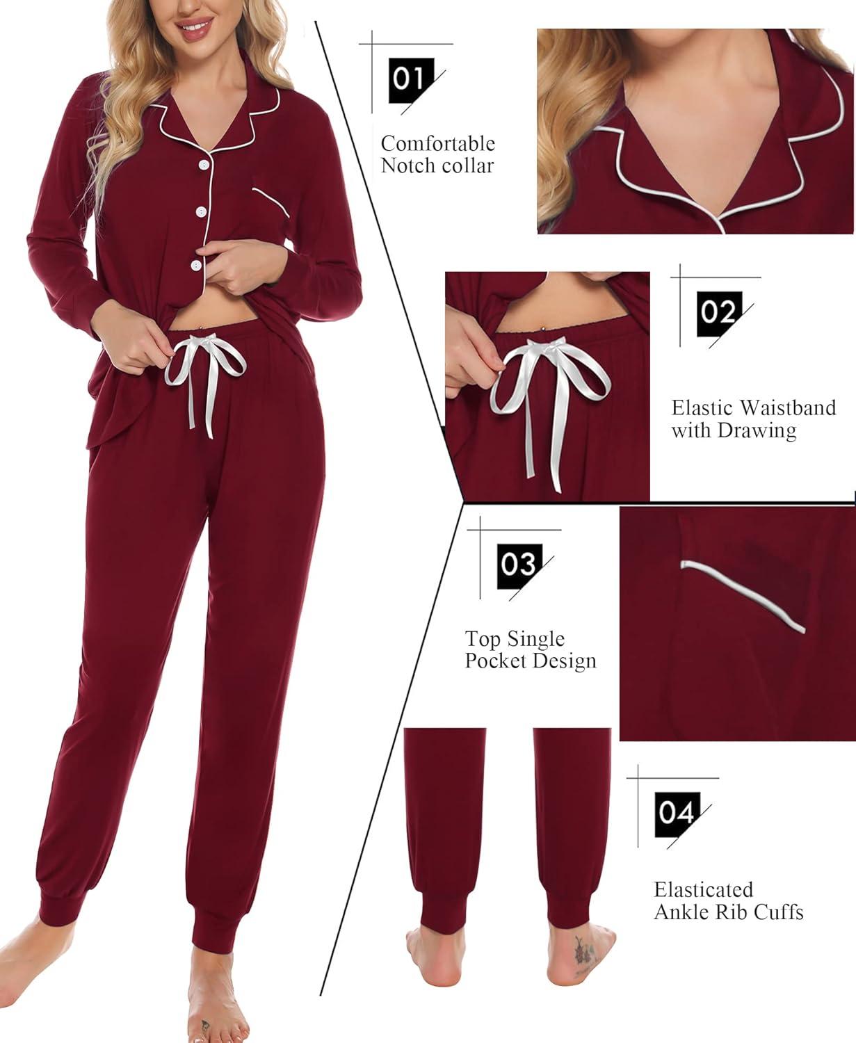 imageSWOMOG Womens Pajamas Set Long Sleeve Sleepwear Button Down Nightwear Soft Joggers PJs Sets with Pockets Lounge SetsWine Red