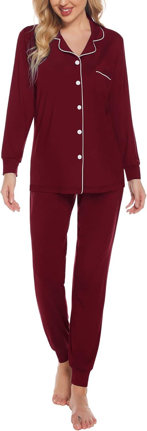 imageSWOMOG Womens Pajamas Set Long Sleeve Sleepwear Button Down Nightwear Soft Joggers PJs Sets with Pockets Lounge SetsWine Red