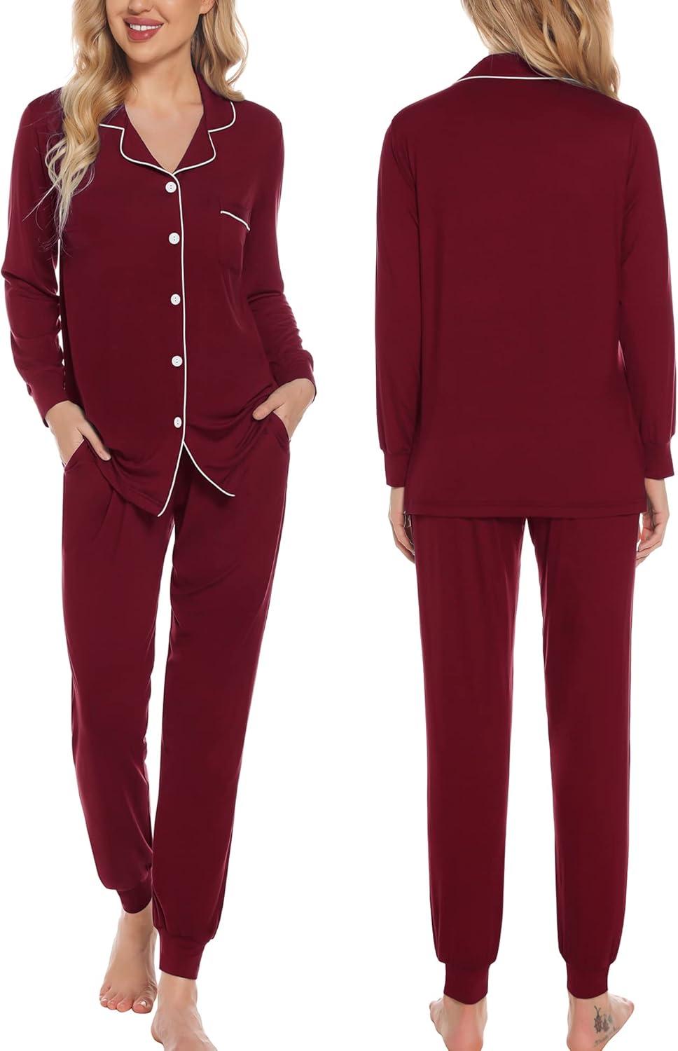 imageSWOMOG Womens Pajamas Set Long Sleeve Sleepwear Button Down Nightwear Soft Joggers PJs Sets with Pockets Lounge SetsWine Red