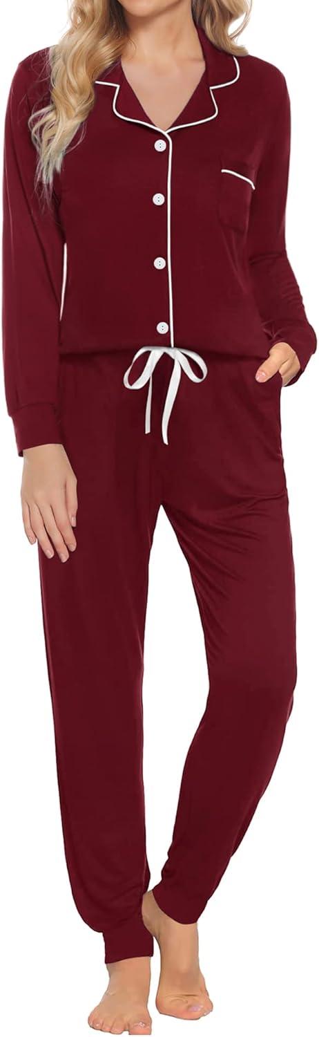 imageSWOMOG Womens Pajamas Set Long Sleeve Sleepwear Button Down Nightwear Soft Joggers PJs Sets with Pockets Lounge SetsWine Red