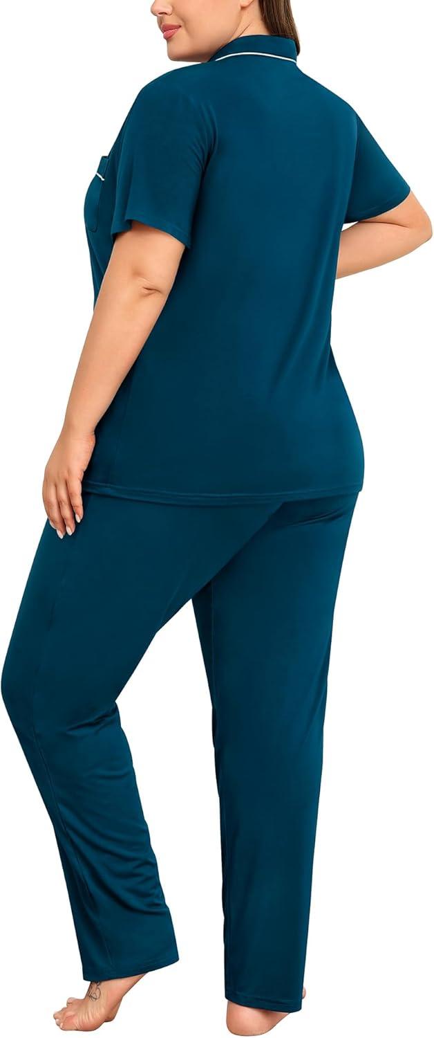 imageSWOMOG Womens Plus Size Pajama Set Short Sleeve Sleepwear Top and Pants Button Up Pajamas for Women LoungewearBlue Green