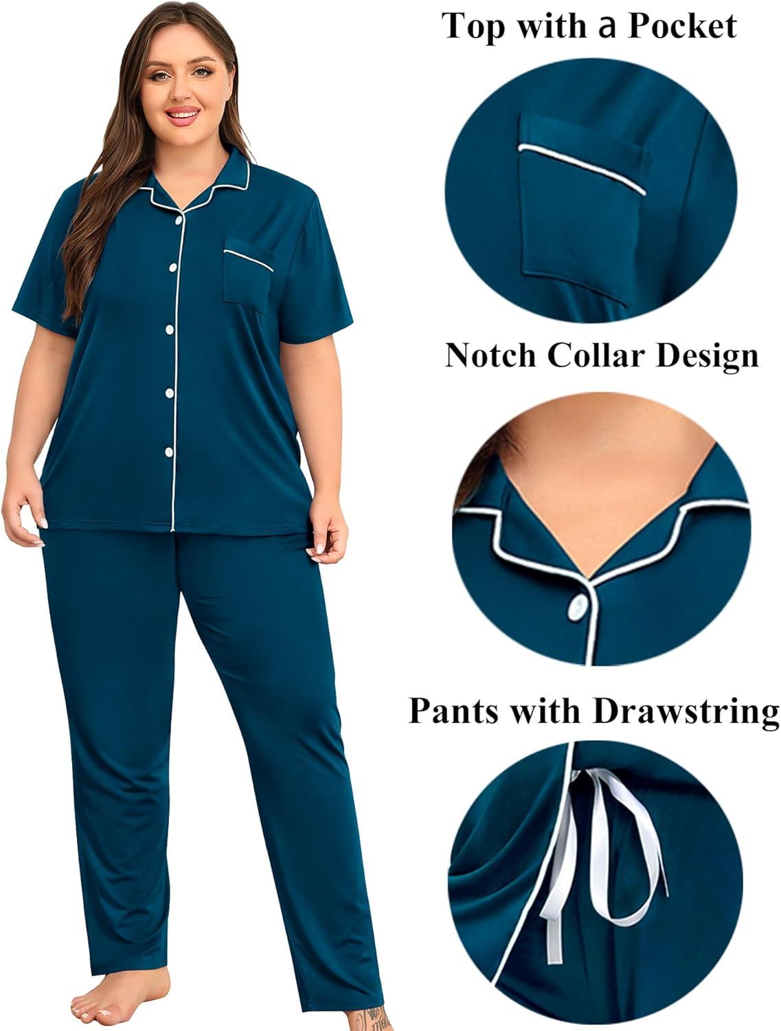 imageSWOMOG Womens Plus Size Pajama Set Short Sleeve Sleepwear Top and Pants Button Up Pajamas for Women LoungewearBlue Green