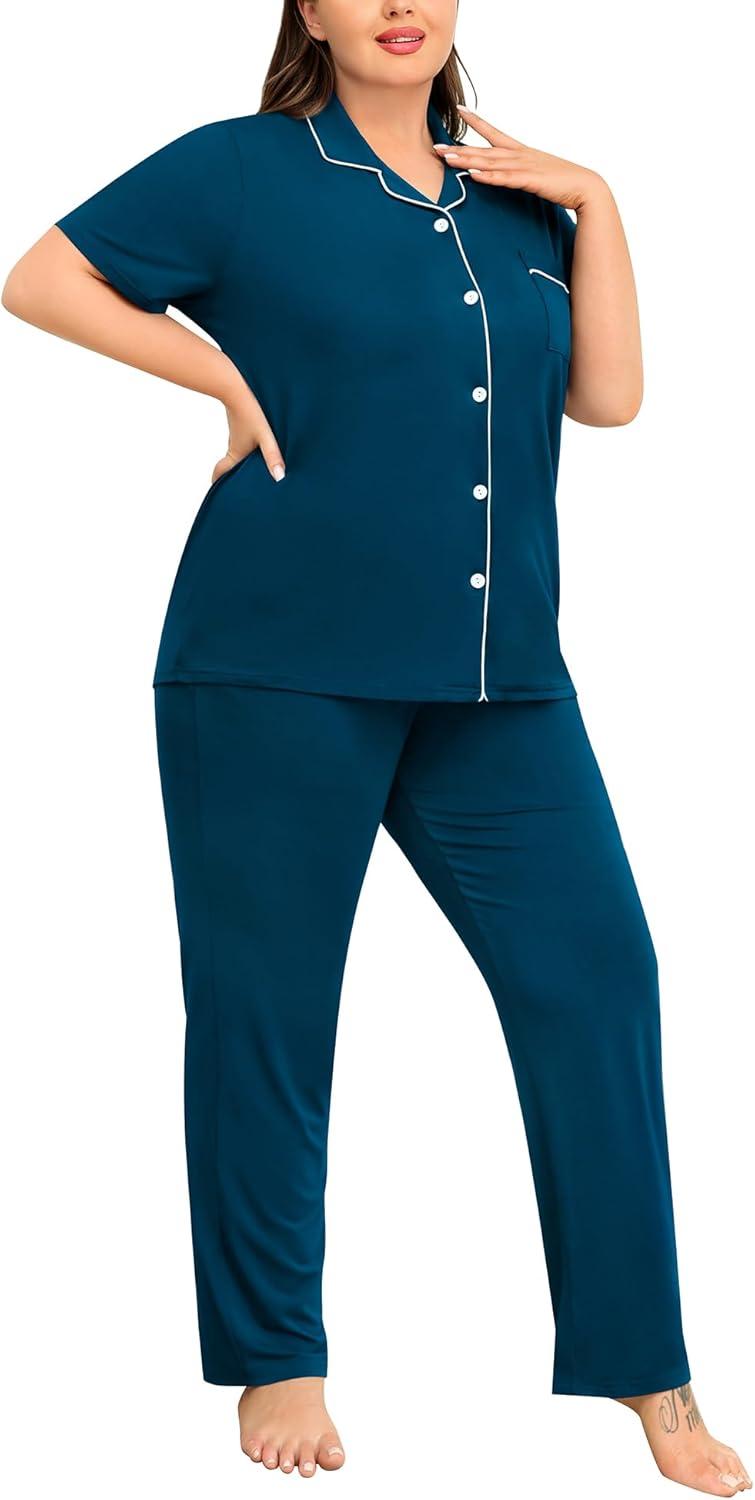 imageSWOMOG Womens Plus Size Pajama Set Short Sleeve Sleepwear Top and Pants Button Up Pajamas for Women LoungewearBlue Green