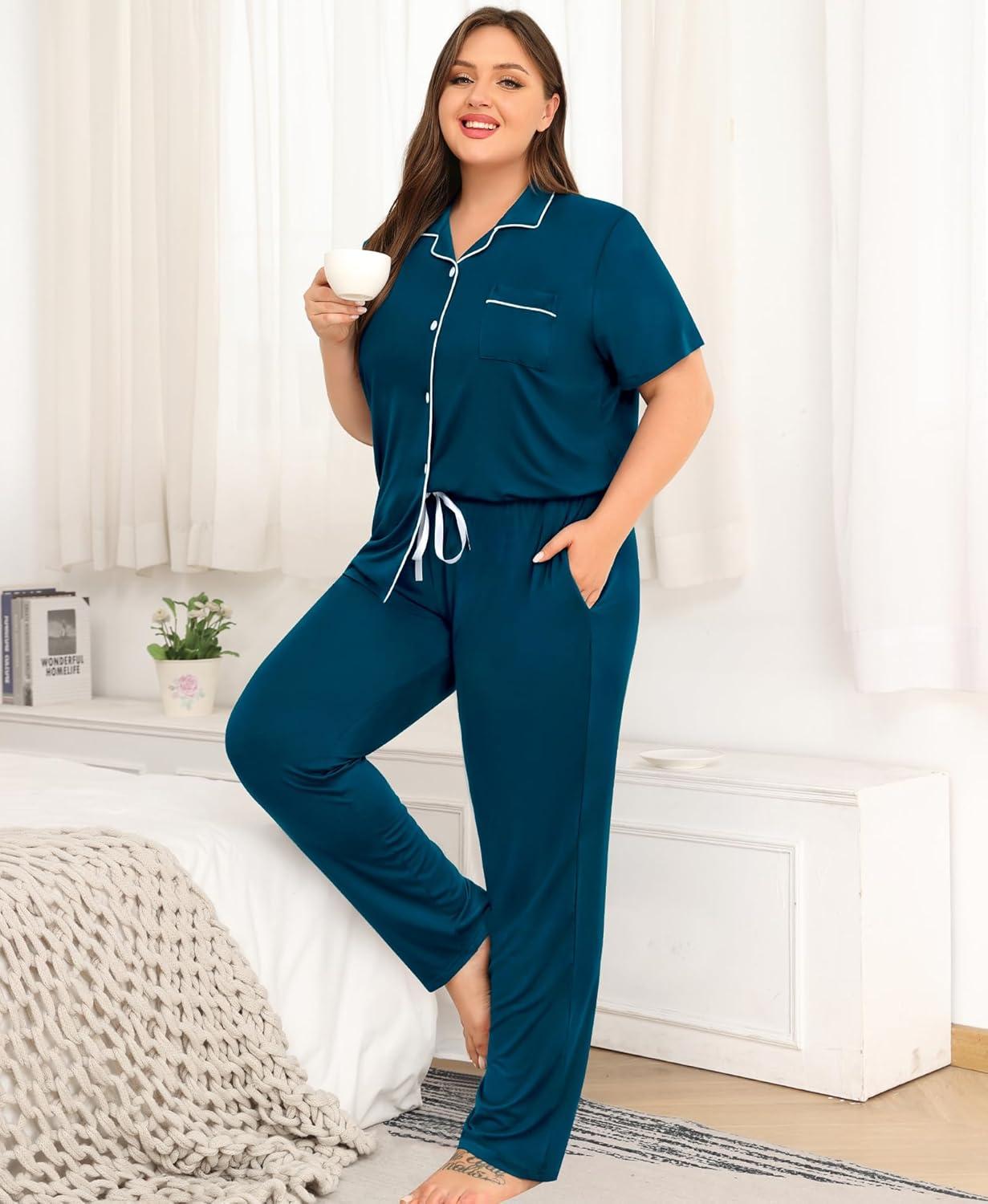 imageSWOMOG Womens Plus Size Pajama Set Short Sleeve Sleepwear Top and Pants Button Up Pajamas for Women LoungewearBlue Green