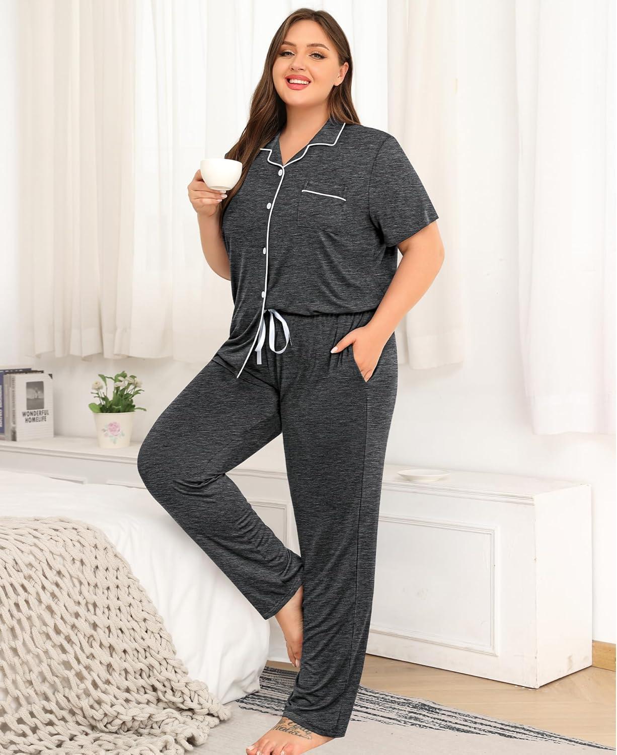 imageSWOMOG Womens Plus Size Pajama Set Short Sleeve Sleepwear Top and Pants Button Up Pajamas for Women LoungewearDeep Grey