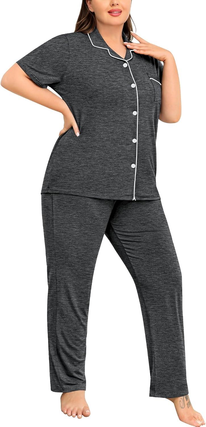 imageSWOMOG Womens Plus Size Pajama Set Short Sleeve Sleepwear Top and Pants Button Up Pajamas for Women LoungewearDeep Grey